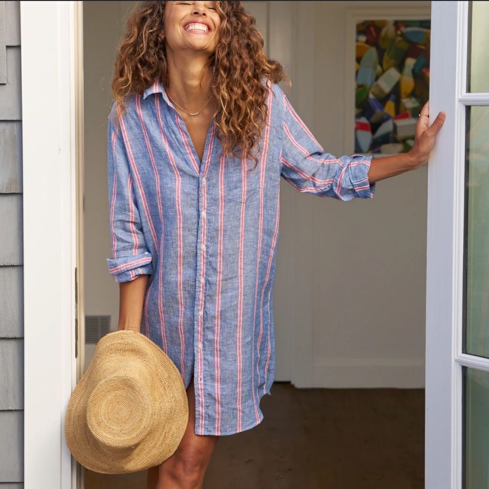 New Frank & Eileen Red and Navy Stripe Linen Mary Shirt Dress XS